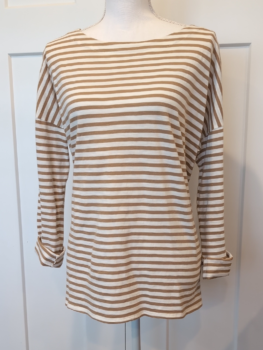 J Jill Striped Cotton Long Sleeve Top M Ivory/Gold euc